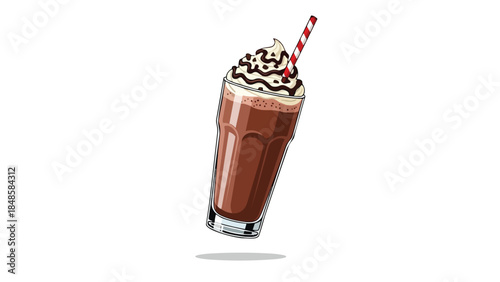 Rich chocolate beverage illustration with creamy whipped topping and striped straw for refreshing sweetness perfect for graphic design menus or