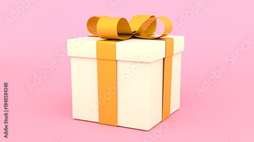 A square gift box with an orange ribbon and bow on a pink background. Perfect for gifting!