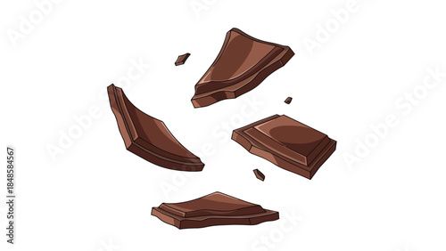 Deliciously broken chocolate pieces dynamically suspended, showcasing rich brown tones and tempting textures against a clean white backdrop, evoking