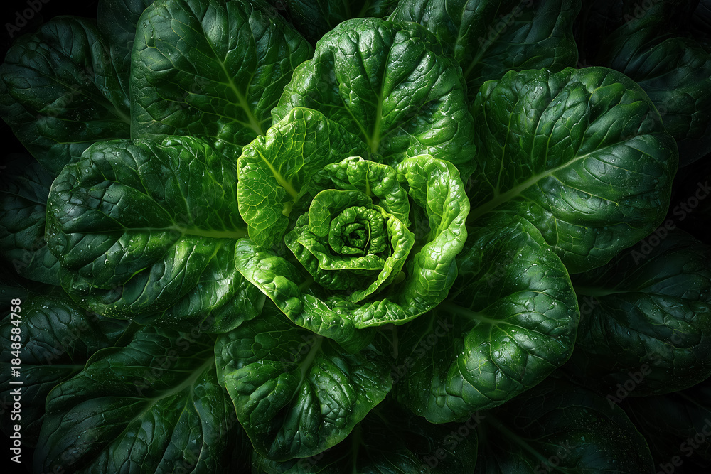 Fototapeta premium Close-up of fresh green lettuce leaves with water droplets