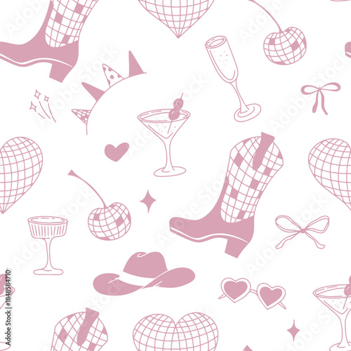 Whimsical cowgirl seamless pattern with smiley faces and hats