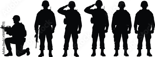 Military soldier silhouettes set, army infantry standing, saluting, and kneeling with rifle, patriotic defense force icons, cad drawing flat vector illustration