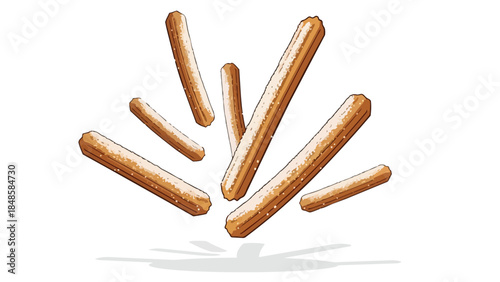 Sweet fried churro sticks gracefully falling a delightful sugary dessert experience inviting a moment of pure culinary enjoyment perfect for any