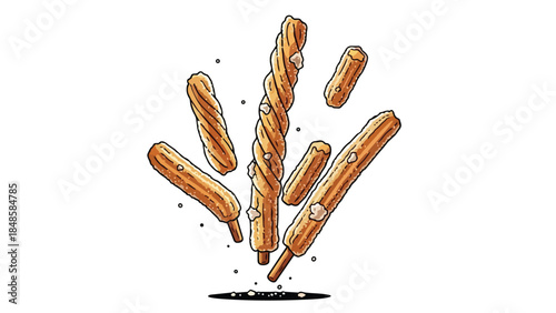 Delightful golden fried pastries with sugar sprinkles floating dynamically a delicious sweet treat illustration capturing a whimsical dessert moment