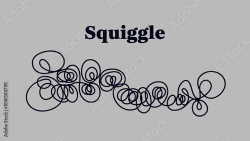 A whimsical black squiggle design on a gray background with the word squiggle