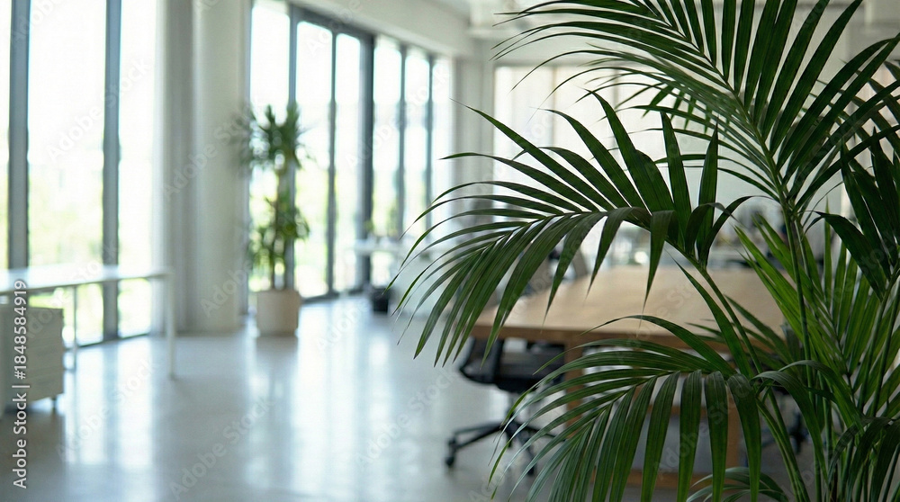 Fototapeta premium Palm plant with blurred background of an office room.