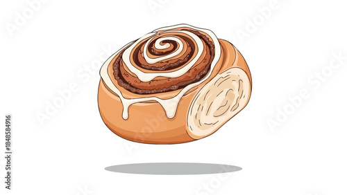 Deliciously Swirled Cinnamon Bun Adorned with Creamy White Glaze, a Sweet Baked Pastry for Breakfast or Dessert, Hand-Drawn Cartoon Style Culinary