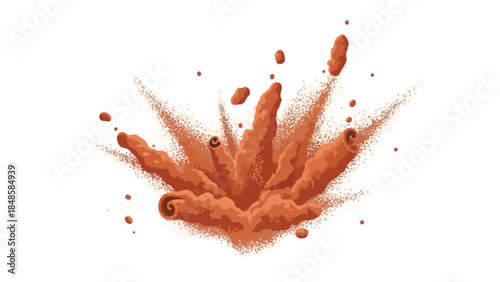 Dynamic burst of aromatic cinnamon spice with a vibrant scattering of rich brown powder and curled sticks, creating an energetic and flavorful