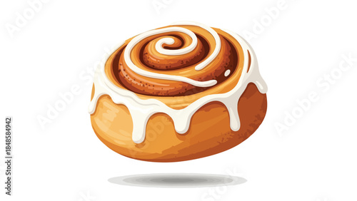 A mouth-watering vector illustration showcasing a golden-brown cinnamon roll adorned with luscious creamy white icing, presenting an irresistible