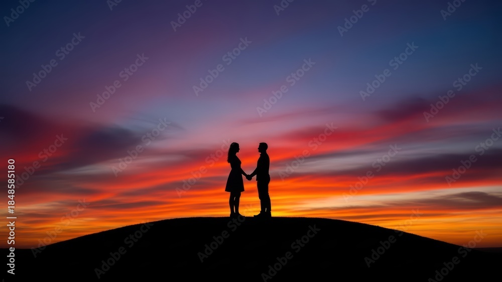 Fototapeta premium Silhouette of couple holding hands against vibrant sunset sky