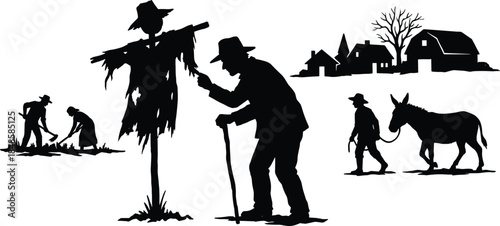 Rural farming life silhouette illustration with farmer, scarecrow, villagers, donkey, and countryside village scene representing traditional agriculture and hard work in black and white