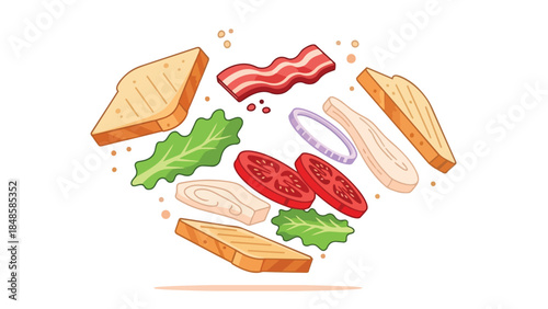 Dynamic illustration of fresh sandwich components gracefully suspended in air featuring crisp lettuce ripe tomatoes savory bacon grilled bread and