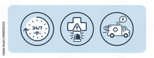 Medical Emergency 24/7 Service Icons Set.