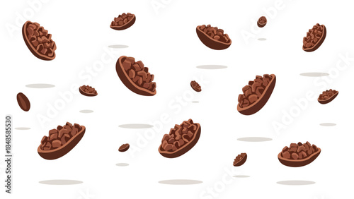 Stylized cocoa pods and beans floating in a seamless vector pattern ideal for culinary and sweet treat designs a perfect background