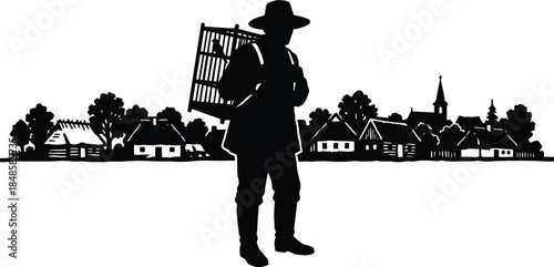 Rural villager carrying cage on back silhouette illustration, traditional countryside livelihood scene with village background, cultural lifestyle concept, black and white vector