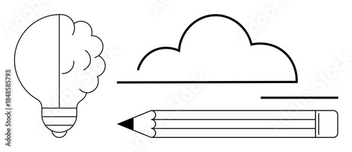 Creative thinking, brainstorming, innovation, artistic expression, problem-solving, minimalism. Line art of a lightbulb, cloud and pencil creativity and innovation. Creative thinking