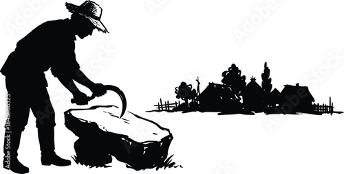 Silhouette illustration of a farmer sharpening a scythe on stone in rural field, depicting traditional agriculture, hard work, countryside lifestyle, and vintage tools.