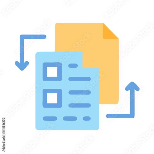 Data transfer illustration representing process management with visual documents in soft tones