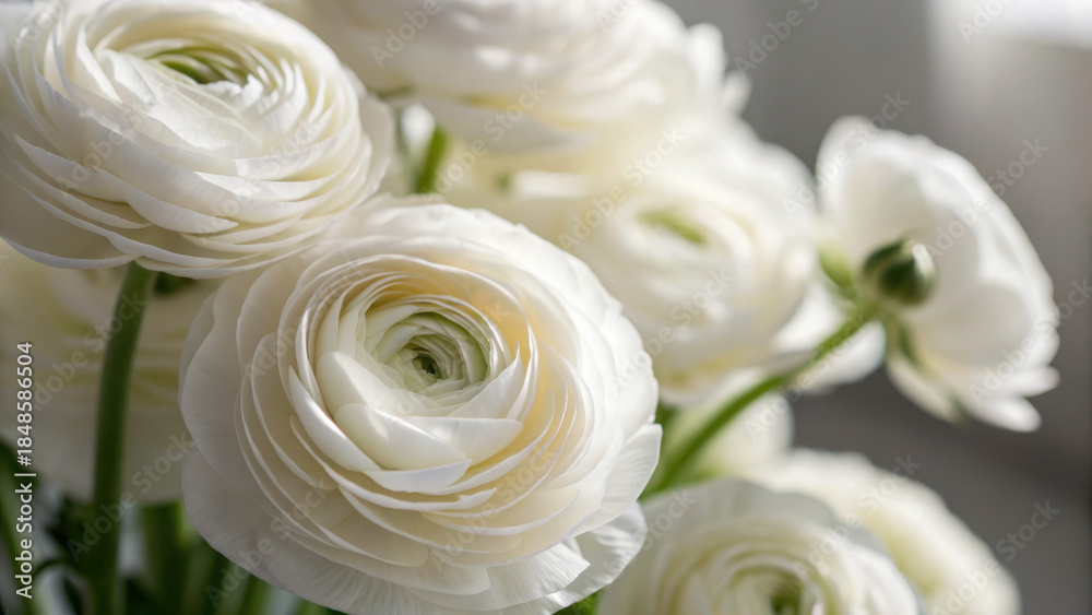 Obraz premium White ranunculus flowers with soft focus create serene and elegant atmosphere