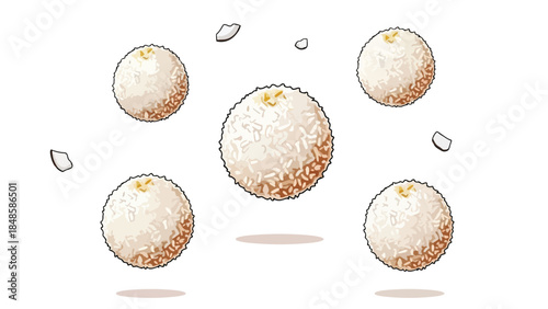 Minimalist vector illustration of five sweet coconut treats with textured bases floating on white