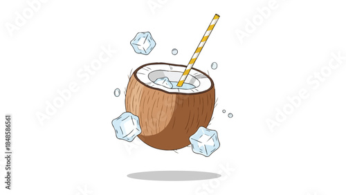 Vibrant tropical coconut beverage illustration featuring a striped straw and floating ice cubes, perfectly capturing the essence of a refreshing
