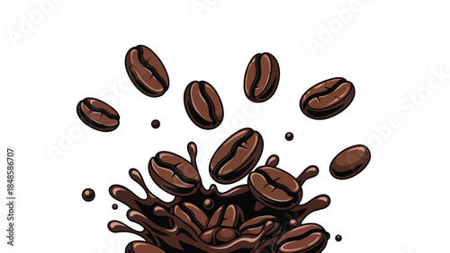 Dynamic illustration of freshly roasted coffee beans bursting and splashing into rich dark liquid, evoking morning energy and the delightful aroma