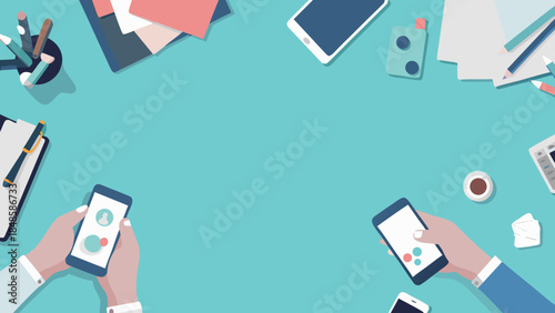 Overhead view of desk with phones stationery and hands using mobile devices on teal background
