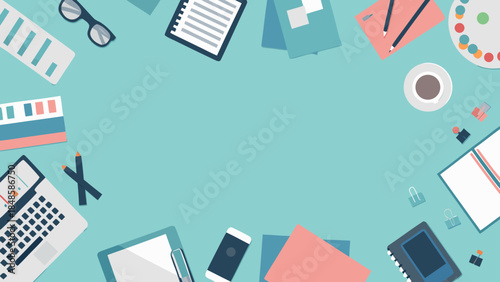 Flat lay of office supplies including laptop, notepad, phone, glasses and coffee cup on blue background