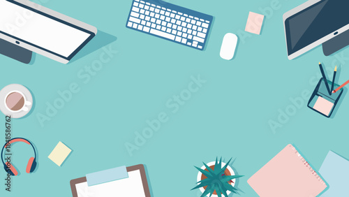 Overhead view of a desk with computer monitors keyboard mouse coffee cup headphones and office supplies