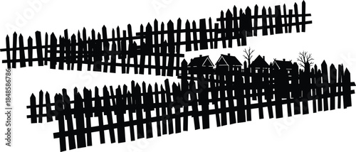 Silhouette illustration of rustic broken wooden fences surrounding rural village houses, depicting countryside atmosphere, old structures, traditional settlement, and nostalgic rural scenery.