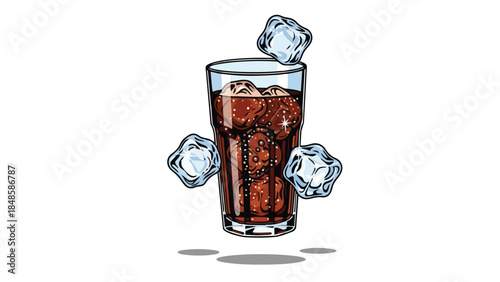 A vibrant graphic illustration of a refreshing cold carbonated beverage with ice cubes perfect for summer hydration