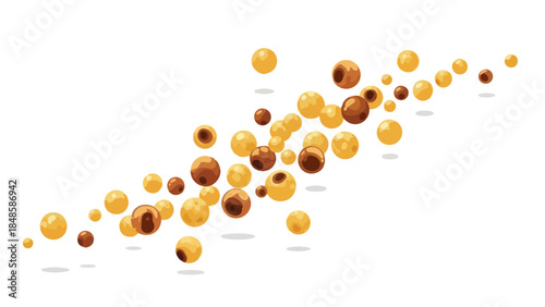 Dynamic arrangement of glistening golden and bronze spheres flowing against a crisp white backdrop