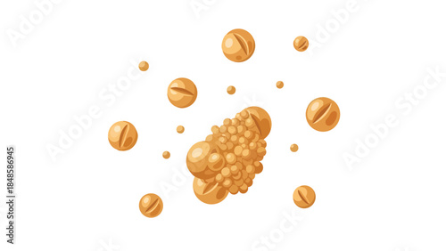 Detailed microscopic depiction of golden cellular structures or complex microbial organisms floating in a pristine white environment illustrating