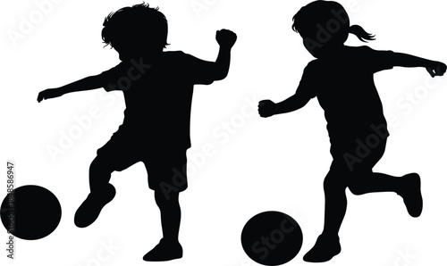 Black silhouettes of children playing soccer with balls, active kids sports vector illustration for playground design