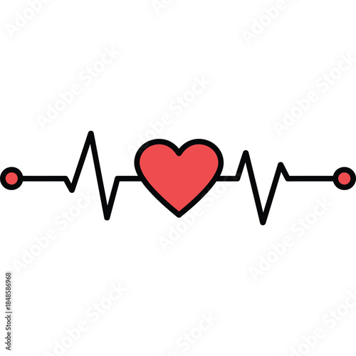 Stylized Heartbeat Line with Red Heart Icon, Minimalist Design, Health Love Vitality Symbol, Black Line Red Accents