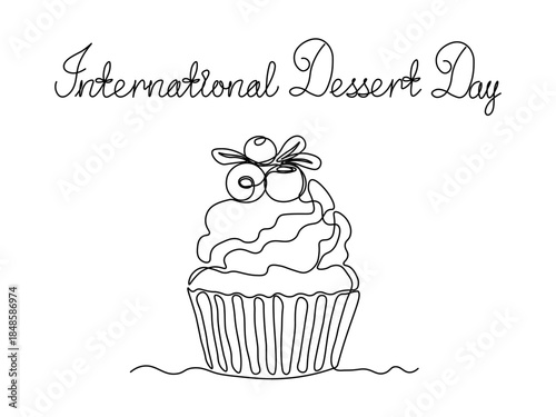 International dessert day.  Greeting card. Abstract cake with cream and berry cranberry, muffin, cupcake, continuous single one line art hand drawing sketch logo on white background