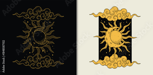 Engraved hand drawn cosmic sun and moon surrounded by clouds and stars