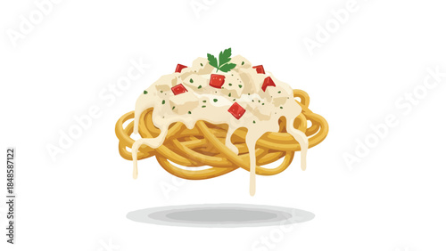 Delicious pasta illustration with rich creamy sauce and fresh herb garnish offering a delightful culinary visual