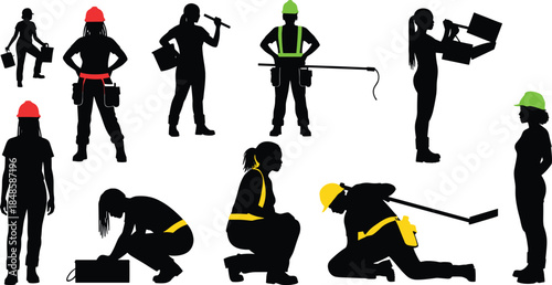Silhouette illustration set of female construction workers using tools and equipment, representing labor, engineering, safety gear, skilled trades, teamwork, and modern workforce roles.