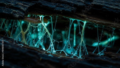 Close up photo depicts striking bioluminescent slime mold showcasing vibrant blue green hues on decaying wood in a dark forest environment illuminated by its own mystical glow