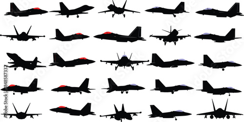 Silhouette illustration set of modern fighter jets in multiple angles, showcasing aviation design, military aircraft profiles, aerodynamic structure, and high-speed combat technology visuals.