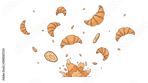 Dynamic illustration showcasing golden-baked croissants and small crisp pastry fragments erupting upwards, symbolizing fresh bakery joy and