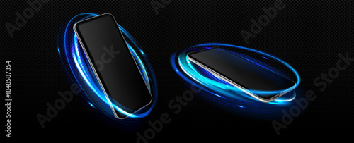 Realistic set of 3D smartphones with light effect
