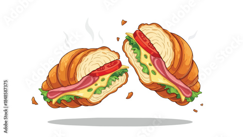 Two freshly prepared savory croissant sandwiches bursting with delightful flavors and crisp ingredients