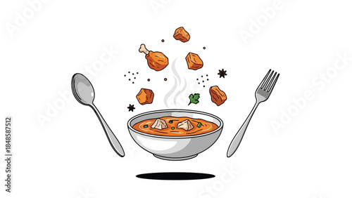 Dynamic culinary illustration showcasing savory stew ingredients gracefully descending into a steaming bowl flanked by gleaming eating utensils
