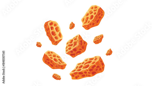 Porous orange textured objects dynamically scattered on a pristine white canvas