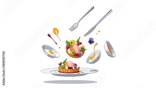 Creative culinary composition with floating gourmet dessert elements and elegant serving utensils on white
