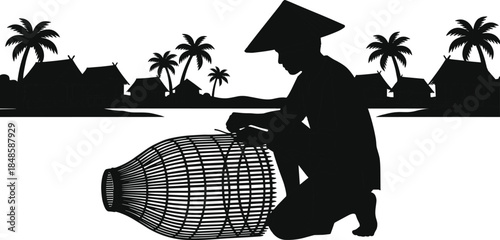 Traditional fisherman silhouette repairing bamboo fish trap, rural village background with palm trees and houses, cultural coastal livelihood vector illustration isolated on white background