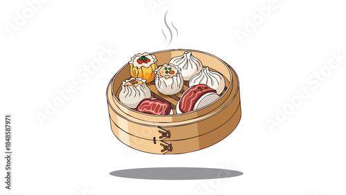 An exquisite vibrant illustration showcasing a traditional bamboo steamer filled with various steaming oriental culinary delights perfect for Asian