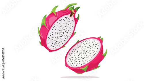 Exotic Pitaya Slices Revealing Sweet White Flesh with Tiny Black Seeds Vibrant Tropical Fruit Halves Displaying Refreshing Edible Interior and
